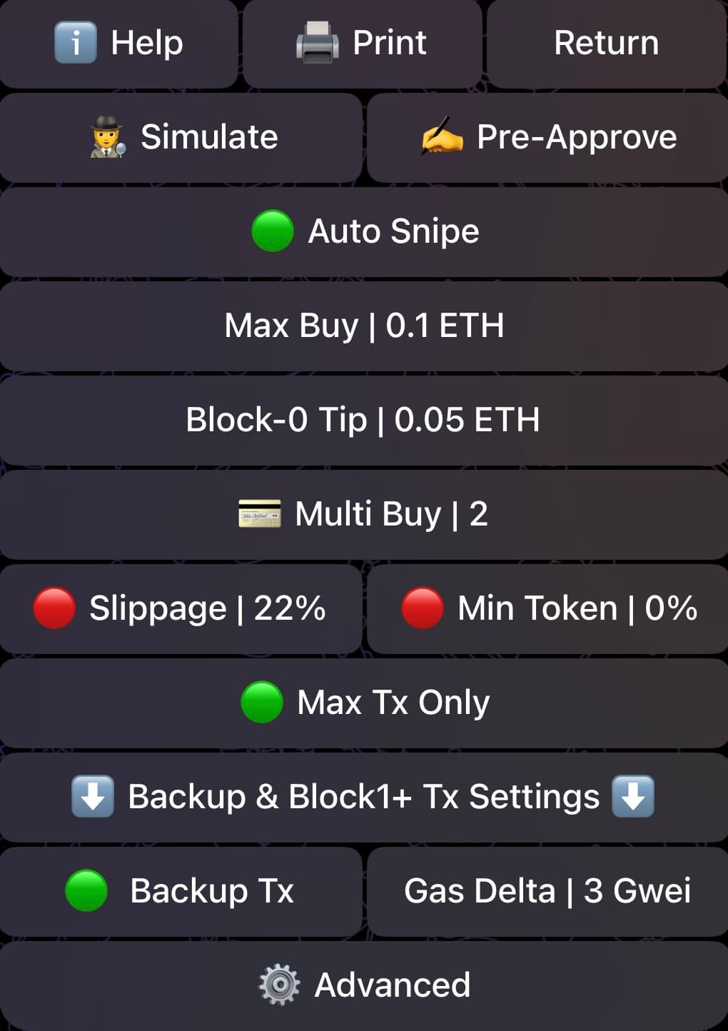 Auto Snipe Settings - Ethereum