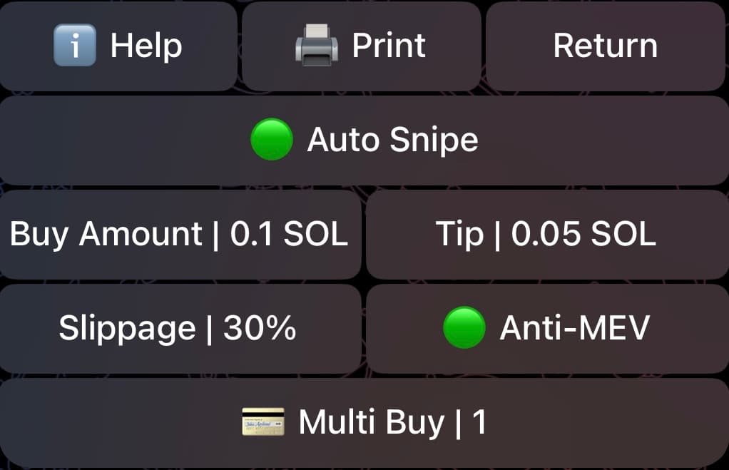 Auto Snipe Settings - Solana