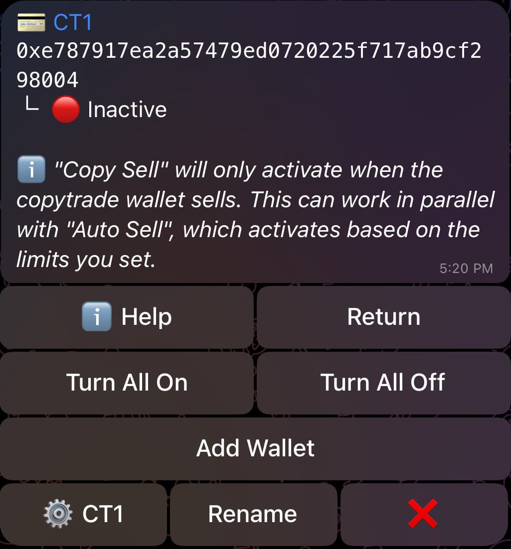 Copytrade Main Menu with Added Wallet "CT1"