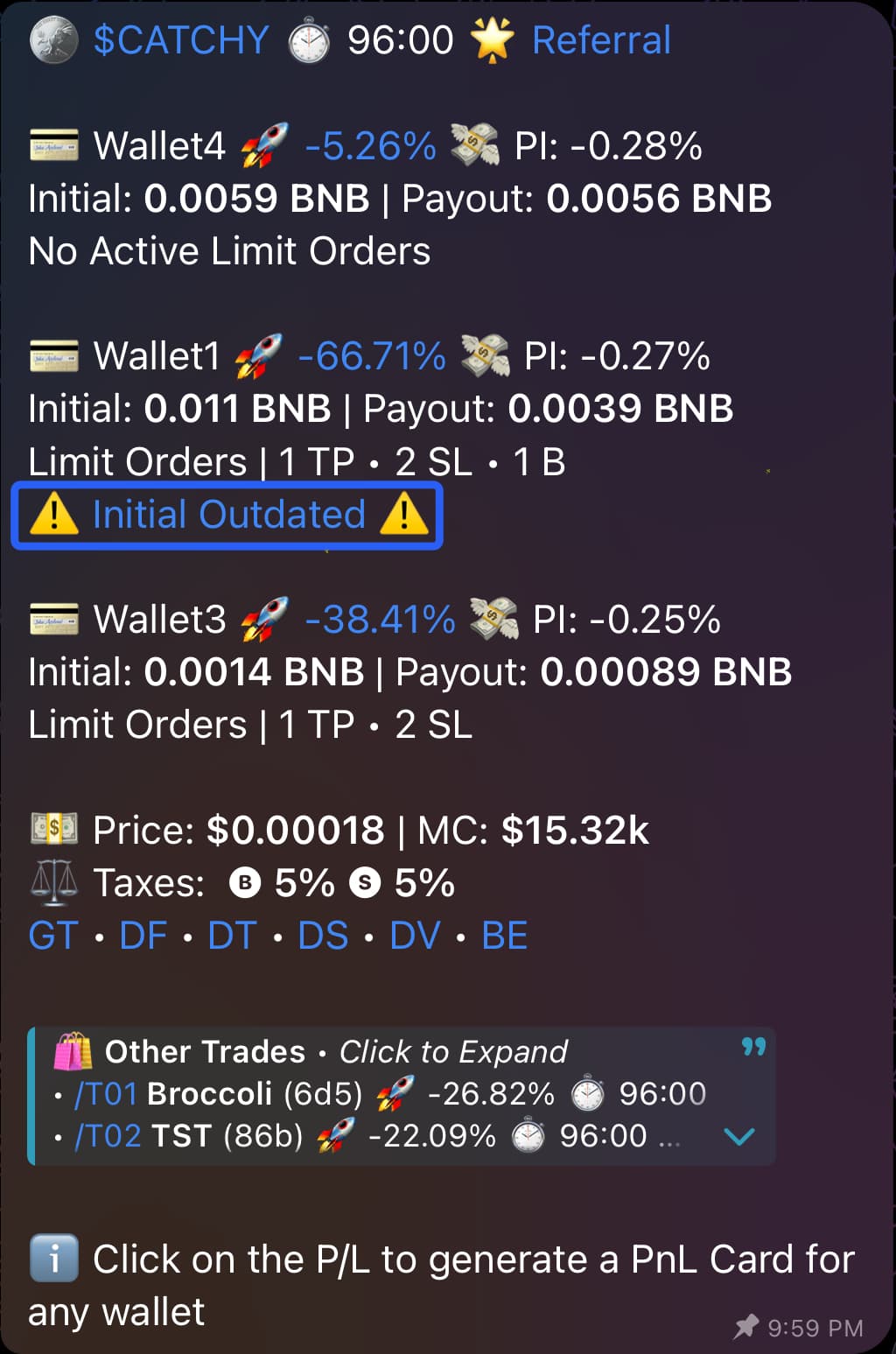 Example of an "Initial Outdated" Alert for a Wallet