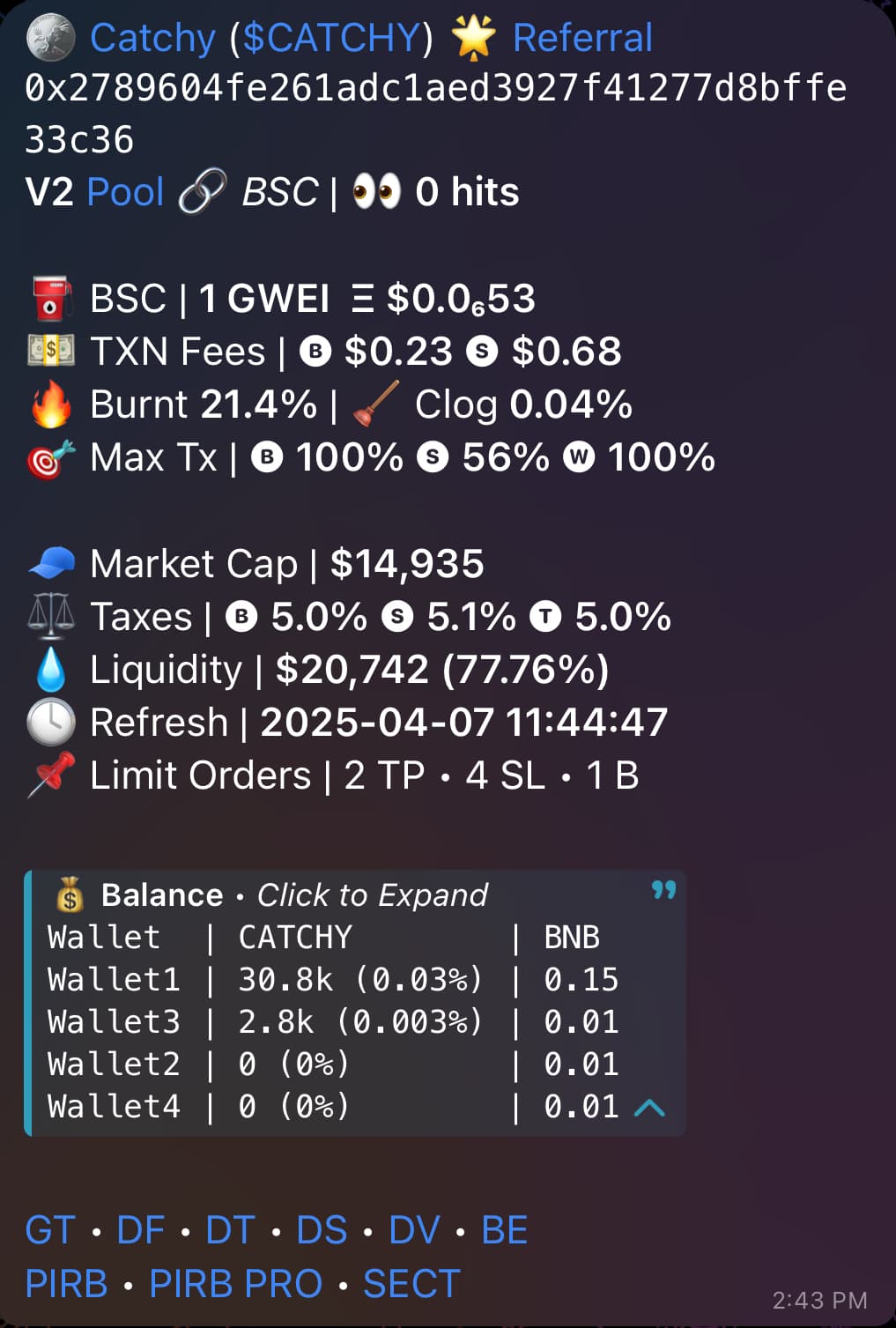 Token and Native Balances of Wallets in the Token Report